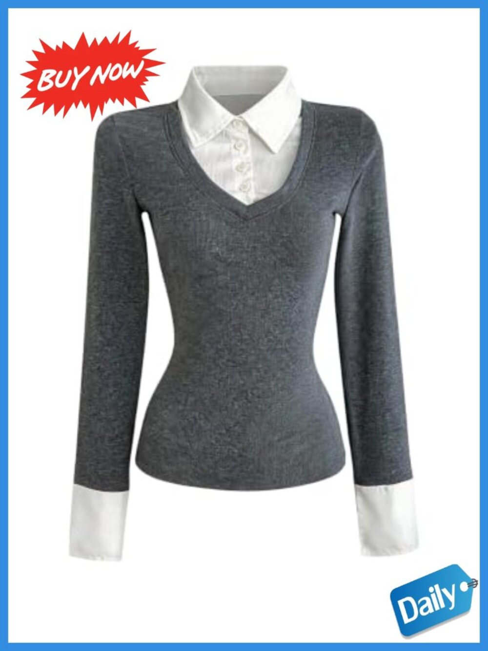 2 in 1 Collared Long Sleeve Slim Fit Work Top